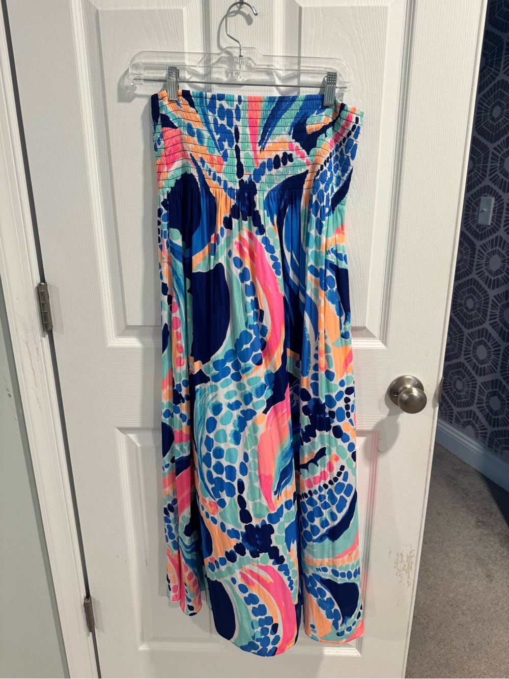 Lilly Pulitzer Coral, Navy, Aqua & Teal Strapless Maxi Skirt